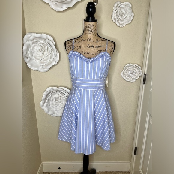 Altar'd State Dresses & Skirts - NTM: Altar’d State Striped Fit & Flare Light Blue & White Ruffle Dress Size XL